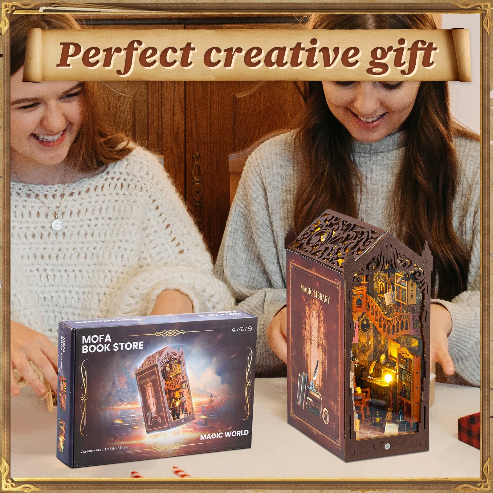 DIY Book Nook Kit 3D Wooden Puzzle Bookshelf Insert with Light DIY Miniature House Model Bookend Building Kits Home Decoration