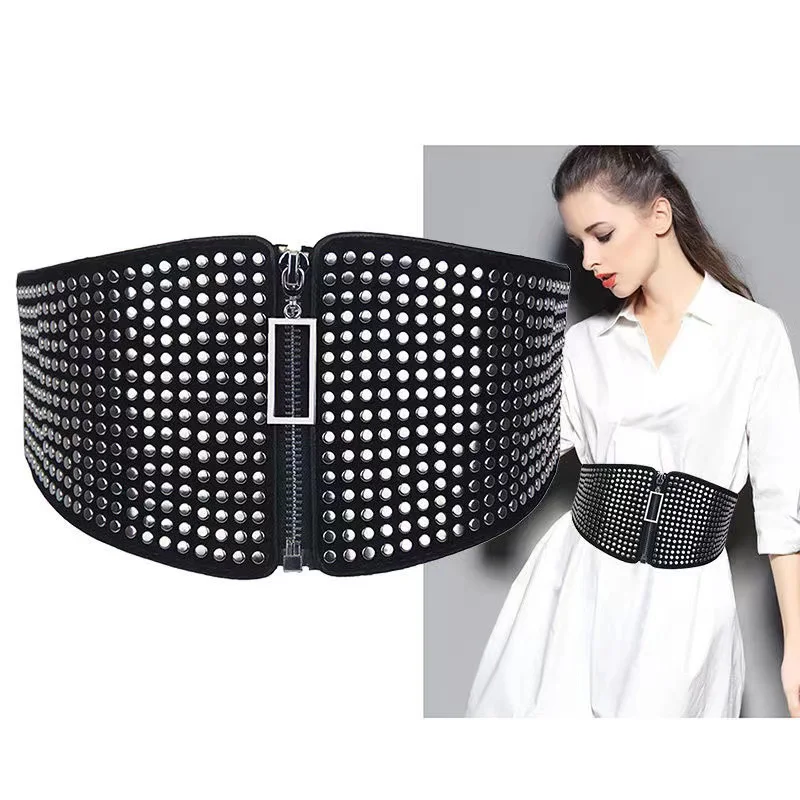 European And American Women Fashion Wide Girdle Cool Rivets Stretch Ladies Belt All-Match Dresses Coats Accessories Waistband