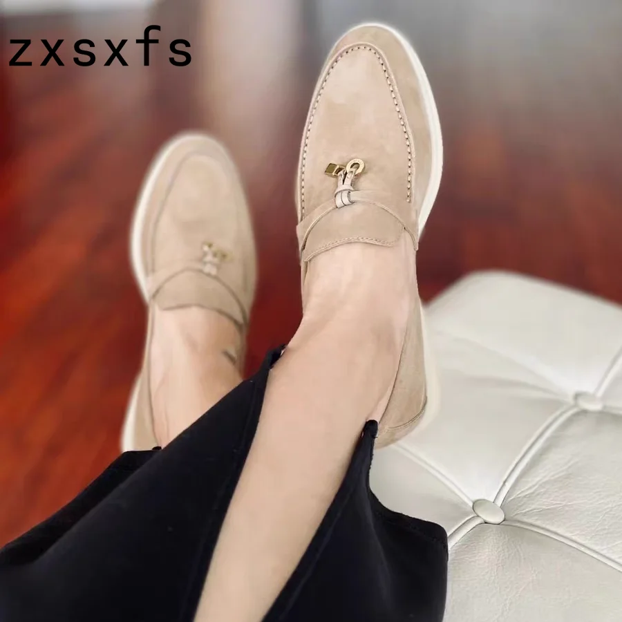 

Summer Walk Kidsuede Leather Flat Shoes Woman Loafers Fringe Decor Mules Round Toe Flat Casual Shoes Spring Walking Shoes Ladies