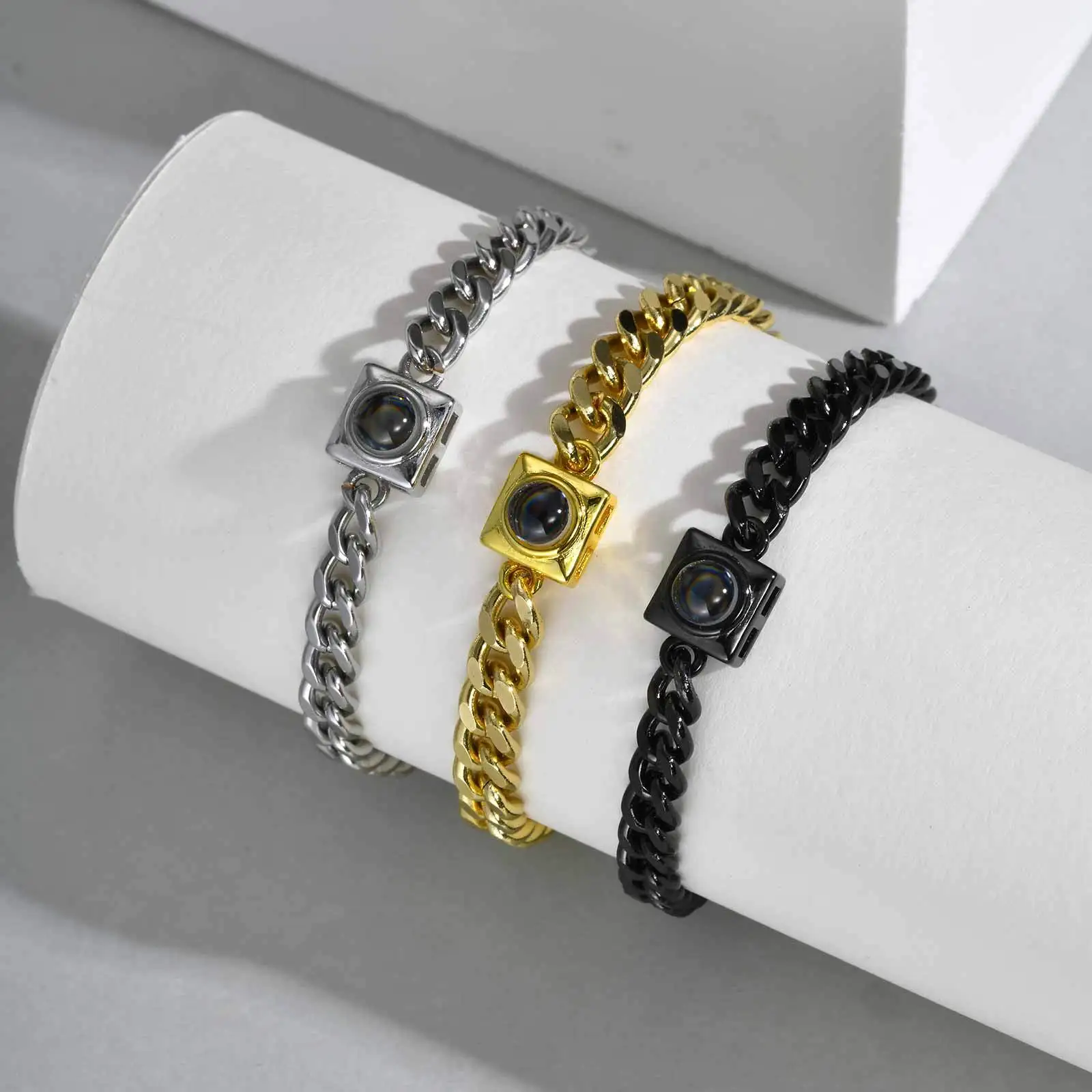 Photo Projection Stone Bracelet for Men Women,Stainless Steel Cuban Chain Wristband,Silver Gold Black Color Adjustable Chain