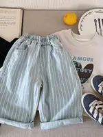Trendy Kids Retro Striped Cotton Soft Denim Straight Leg Pants ex Baby Faionable Versatile Long Trousers Korean Sle