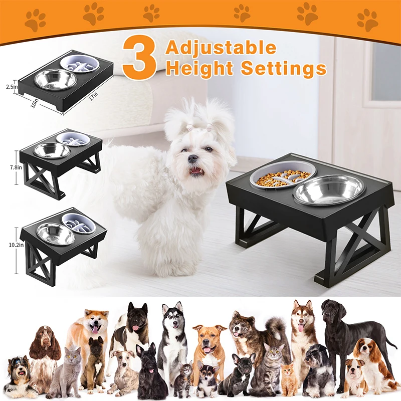 

Kimpets Dogs Double Bowls Stand 3 Adjustable Height Pet Slow Feeding Dish Bowl Medium Big Dog Elevated Food Water Feeders Table