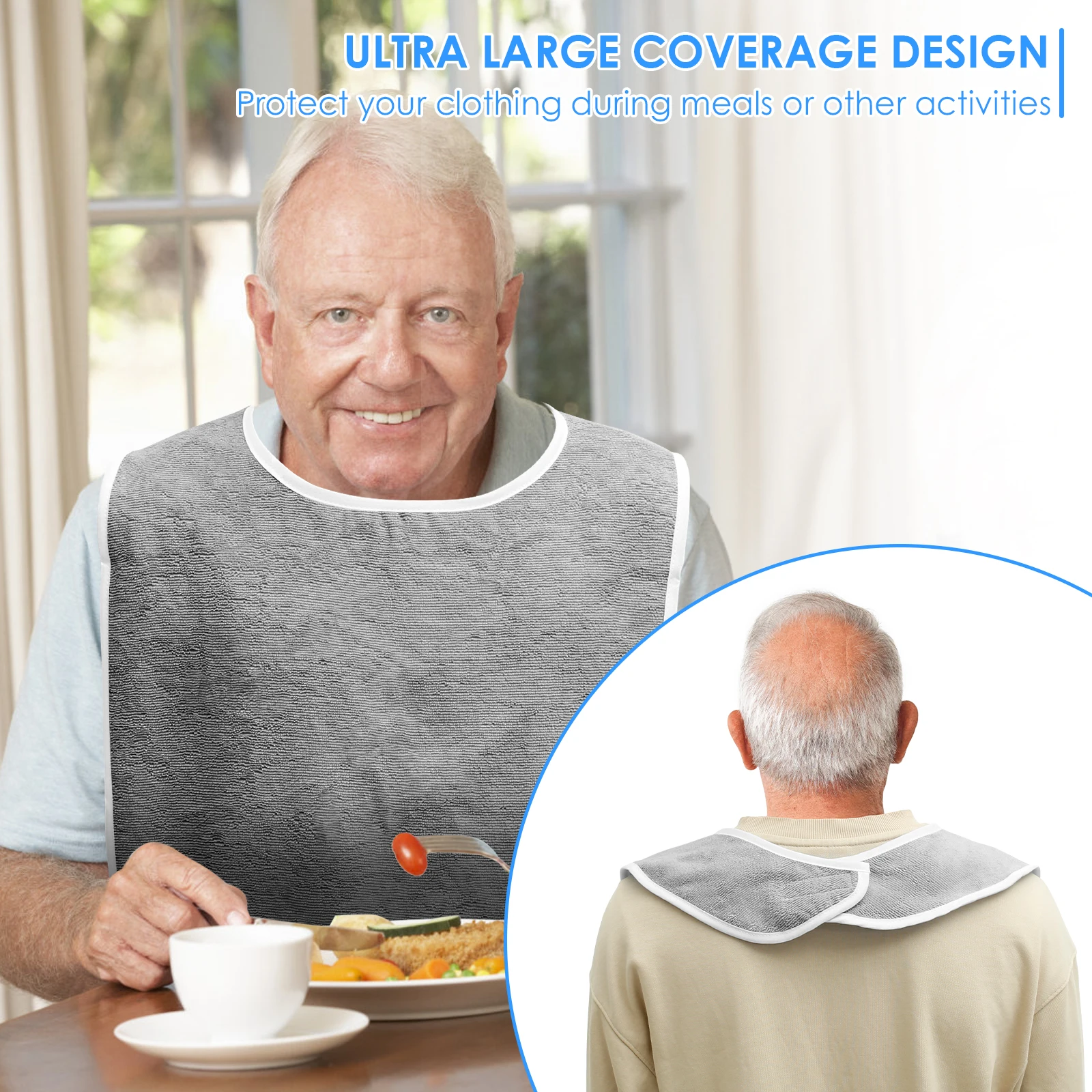 4Pcs Adult Bibs Polyester Dining Clothing Protectors Adjustable Adult Feeding Bibs Seniors Stain Resistant Diet Cloth Blue/Grey