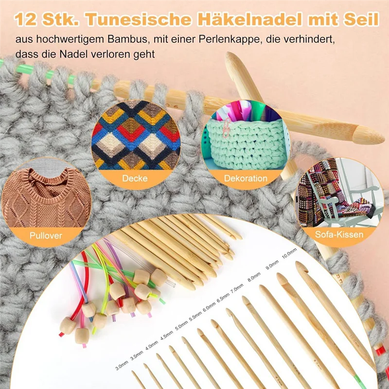 23 Pcs Tunisian Crochet Hooks Kit 11Pcs Aluminum Long Crochet Hooks 2.0-8.0 Mm And 12 Pcs Bamboo Tunisian Kit