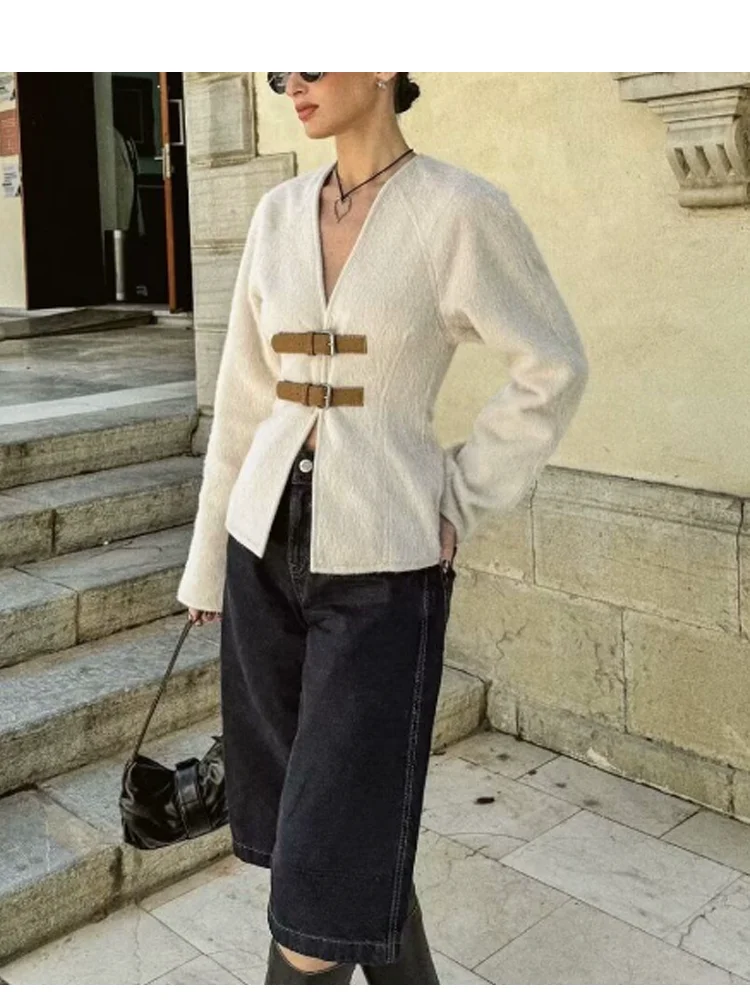 

Женская винтажная куртка с поясом, бежевая Повседневная Мягкая куртка с длинным рукавом, весна-осень 2024