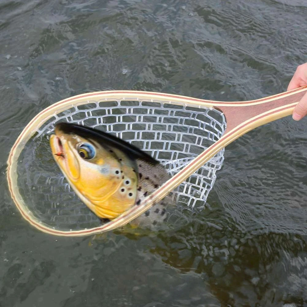 1pc Wood Handle Scoop Net Fly Fishing Catch Net Rubber Fishing Net Lure Rafting Scoop Net New Hand Catch Net Fishing Gear