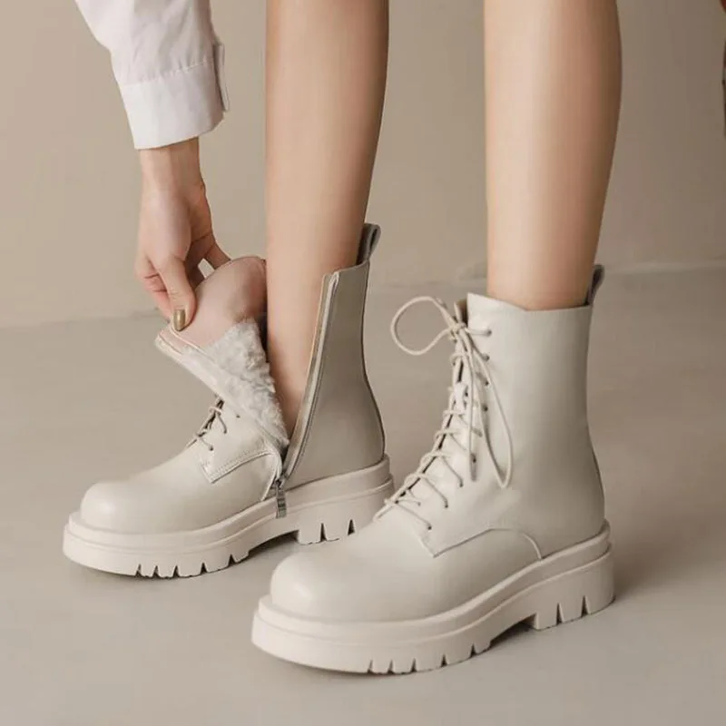 

Phoentin 2023 Fashion shearling winter snow boot short Boots Genuine leather platform chunky heels Ankle Boots for women FT2981