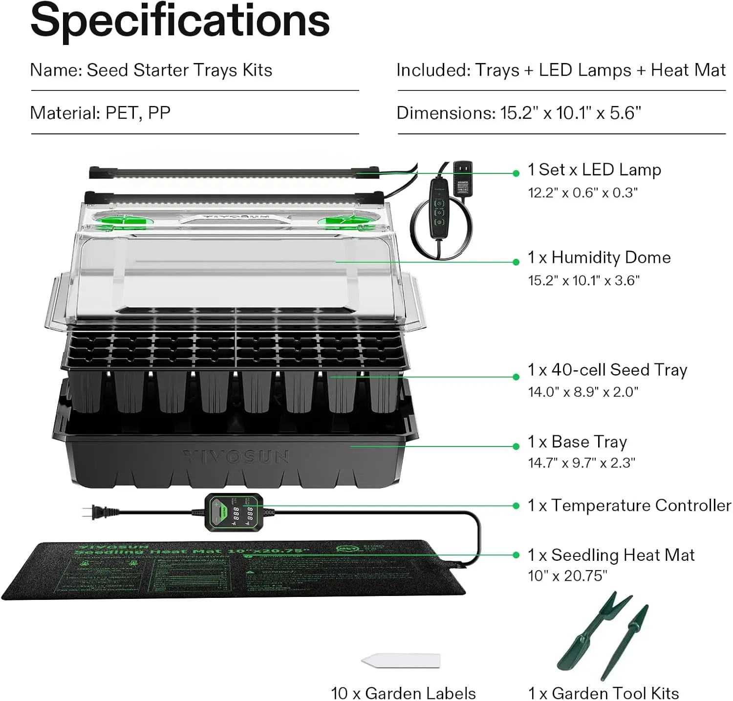 1 set of 40-cell seed germination trays, equipped with a set of LED lights and a 10-inch x 20.75-inch seedling heating pad