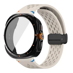 Silicone Magnetic Buckle Band with Tempered Glass Screen Protector and Case Strap - Galaxy Watch 6 40mm (Starlight B)