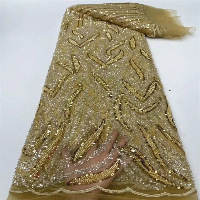 

Gold Luxurious African Sequins Beads Groom Tulle lace Fabric High Quality Embroidery French Tulle Lace For Nigeiran Party Dress