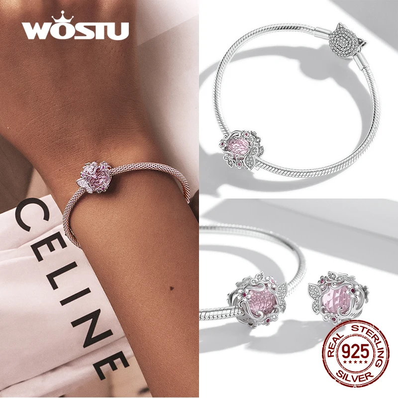 WOSTU 100% Real 925 Sterling Silver Pink Blue Colorful Crystal Radiant Round Charm Beaded Fit Original DIY Bracelet Jewelry Gift 3