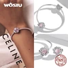 WOSTU 100% Real 925 Sterling Silver Pink Blue Colorful Crystal Radiant Round Charm Beaded Fit Original DIY Bracelet Jewelry Gift 3