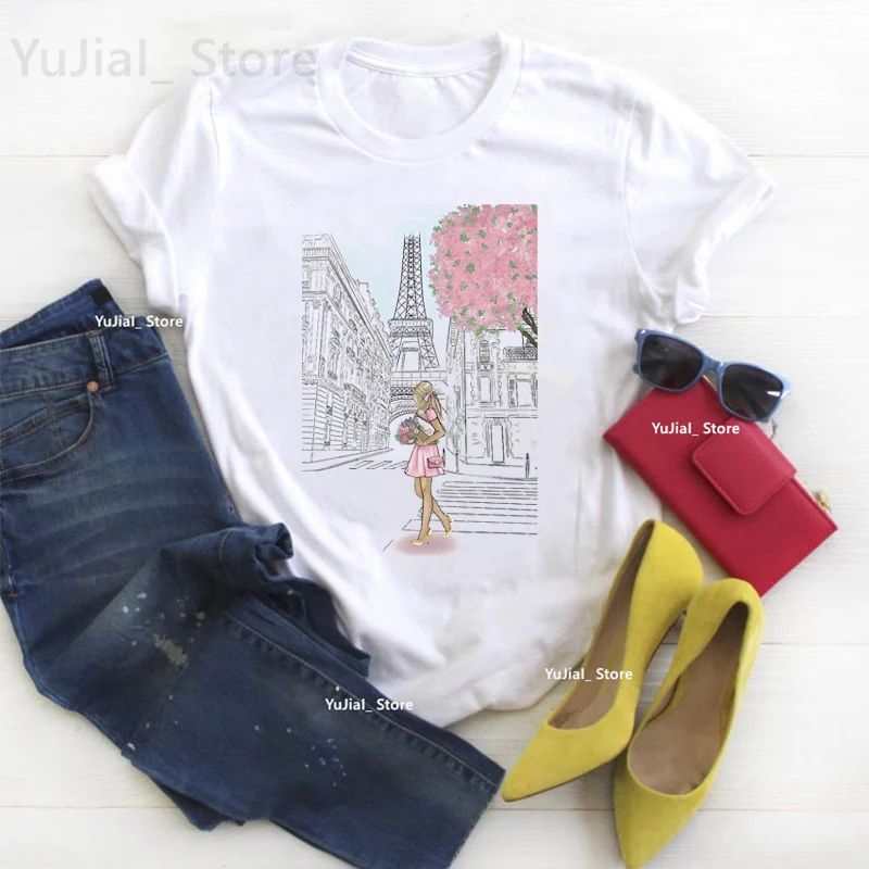 Aquarell Paris Eiffelturm Grafik druck T-Shirt Mädchen USA/Italien Reise T-Shirt Frauen Harajuku Shirt Sommer Mode T-Shirt – Detail 7