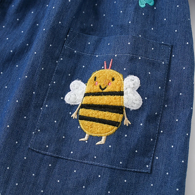 Children Clothing Spring Autumn Baby Girls Denim Dress Long Sleeves Cartoon Bees Girls Princess Dress Have Pockets