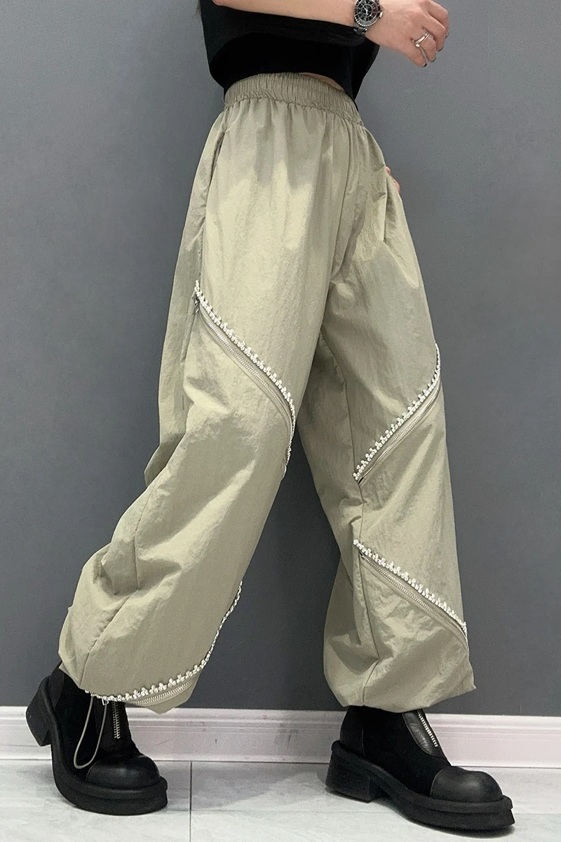 2024 Spring Summer Casual Trousers Wide-Leg Pants Ankle Banded Pants Design Stitching Wooden Ear Fashion Loose Women's Clothes