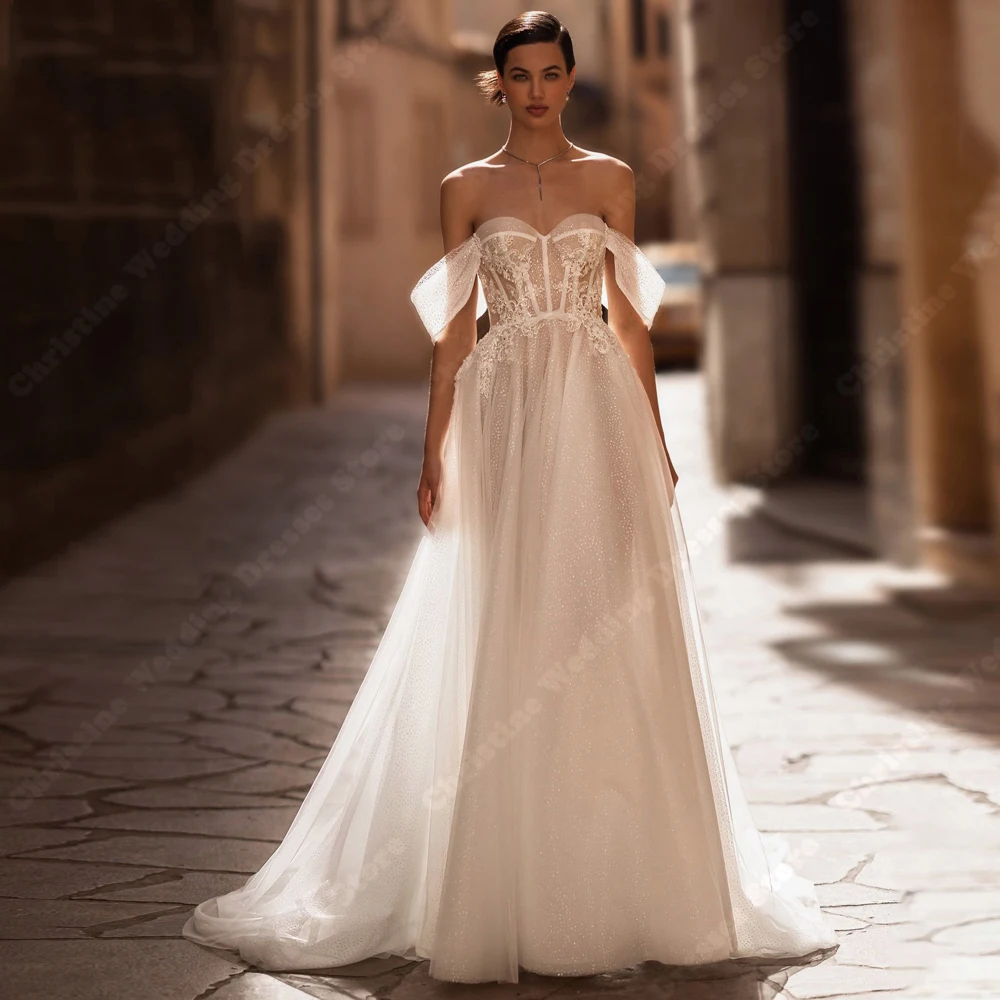 

Fascinating Off The Shoulder Women Bridal Gowns A-line Lace Applique Wedding Dresses Sweetheart Collar Banquet Vestidos De Novia