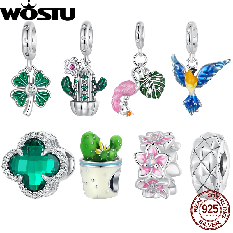 WOSTU  녹색 식물의 매력 선인장 꽃 펜던트 네잎 클로버 럭키 CZ 비즈 맞는 원래 팔찌 선물