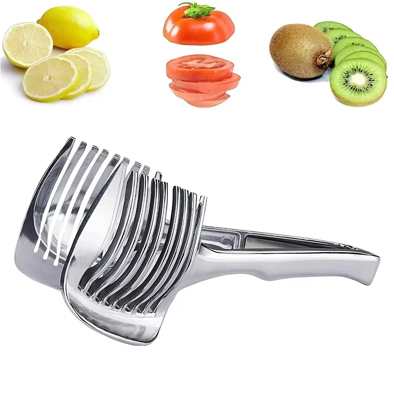 Tomato Lemon Slicer Bracket Multipurpose Handheld Round Fruit Tongs Stainless Steel Onion Holder Slicer Fruits Cutter