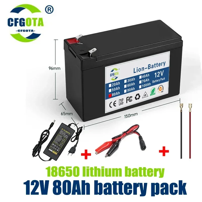 

12V Battery 80Ah 18650 lithium battery pack 30A sprayer built-in high current BMS electric vehicle battery 12.6V 3A charger
