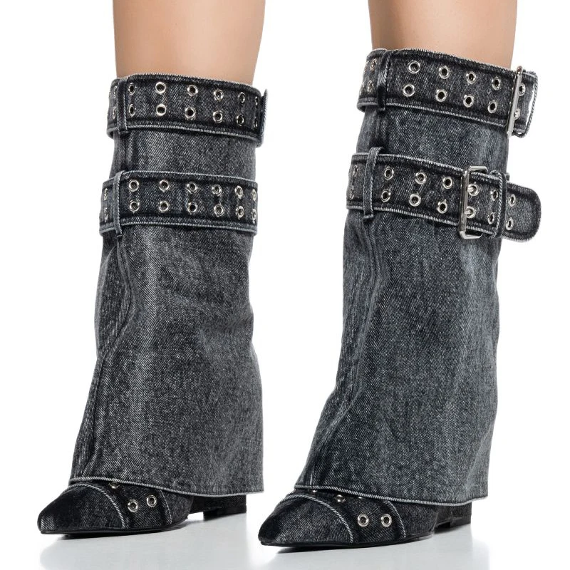 

Black Denim Buckles Trendy Short Overlay Booties High Wedge Heel Mid-Calf Shaft Boots for Women Pointy Toe Shoes