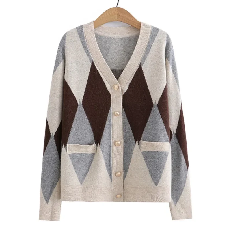 

Plus Size Cardigan Women 2023 Spring Design Pocket Large Argyle Jumper V-Neck Long Sleeve Knit Sweater Oversize Curve Clothes