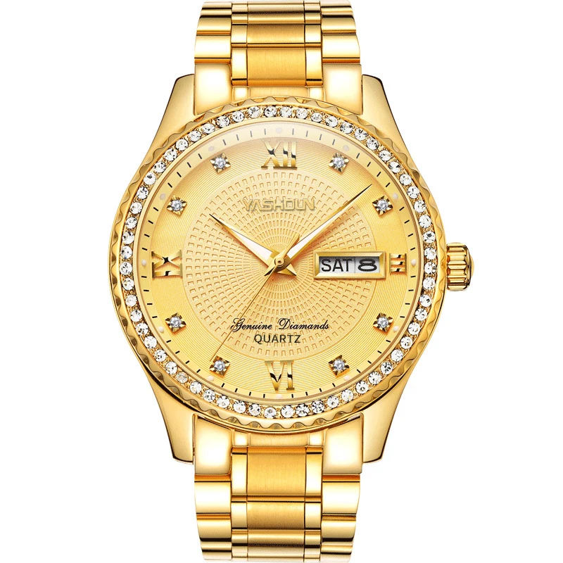 New Mens Watches Luxury Full Steel Golden Quartz Watch For Men Business Waterproof Diamond Original Japan Movement Wristwatch
