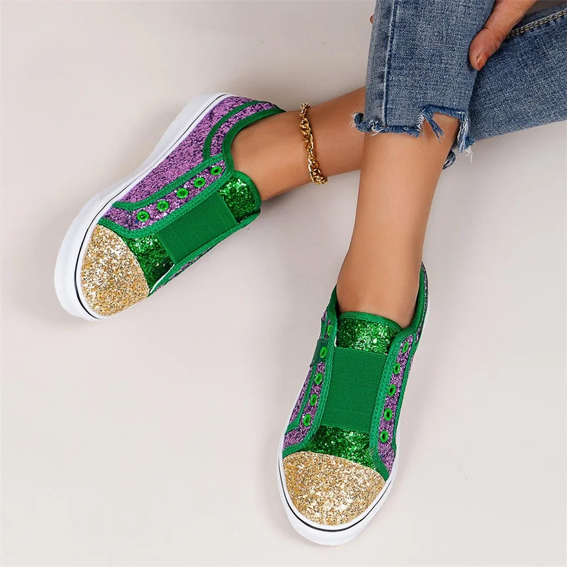 Green Women's Sparkling Glitter Flat Shoes Spring Stylish Ladies Low Top Slip on Comfy Casual Canvas Shoes Female Sport Sneakers
