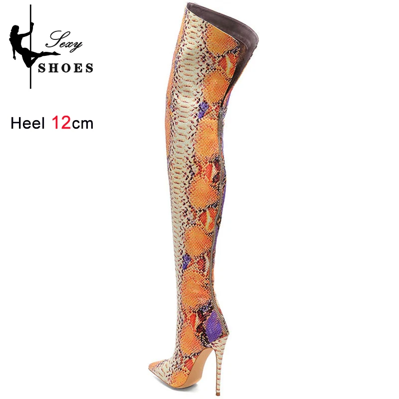 New Women's Over-the-knee Boots Super High Heeled 10cm 12cm Tall Thigh High Boots Snakeskin Pointed Handmade Shoes Large Size 45