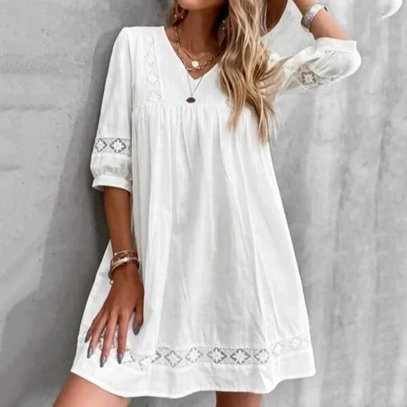 

New Casual Loose Smocked Sundress Summer Vintage Lace V Neck Short Sleeve Dress Women Sling Half Sleeve Beach Dresses Vestidos