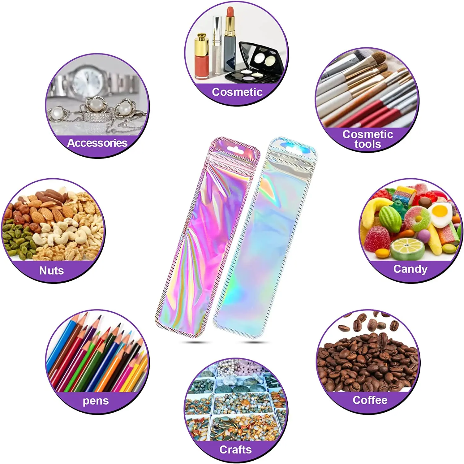 50pcs Long Iridescent Ziplock Bag Transparent Laser Plastic Seal Bags for DIY Jewelry Display Handicrafts Nail Eyelash Packaging