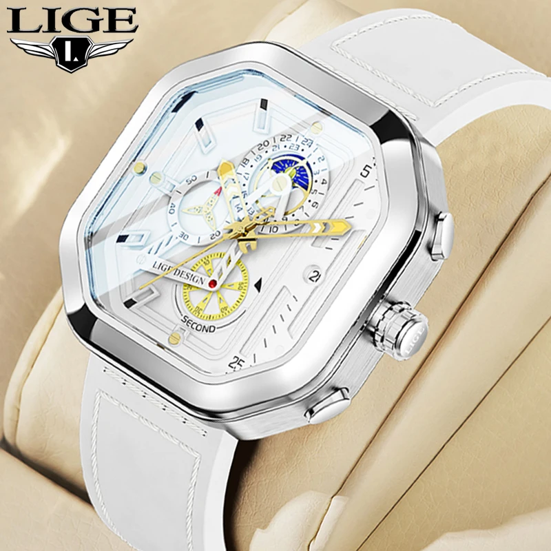 LIGE Men Chronograph Sport Watches For Men Fashion Square Top Brand Luxury Leather Strap Waterproof Quartz Watch Montre Homme dior homme sport 75