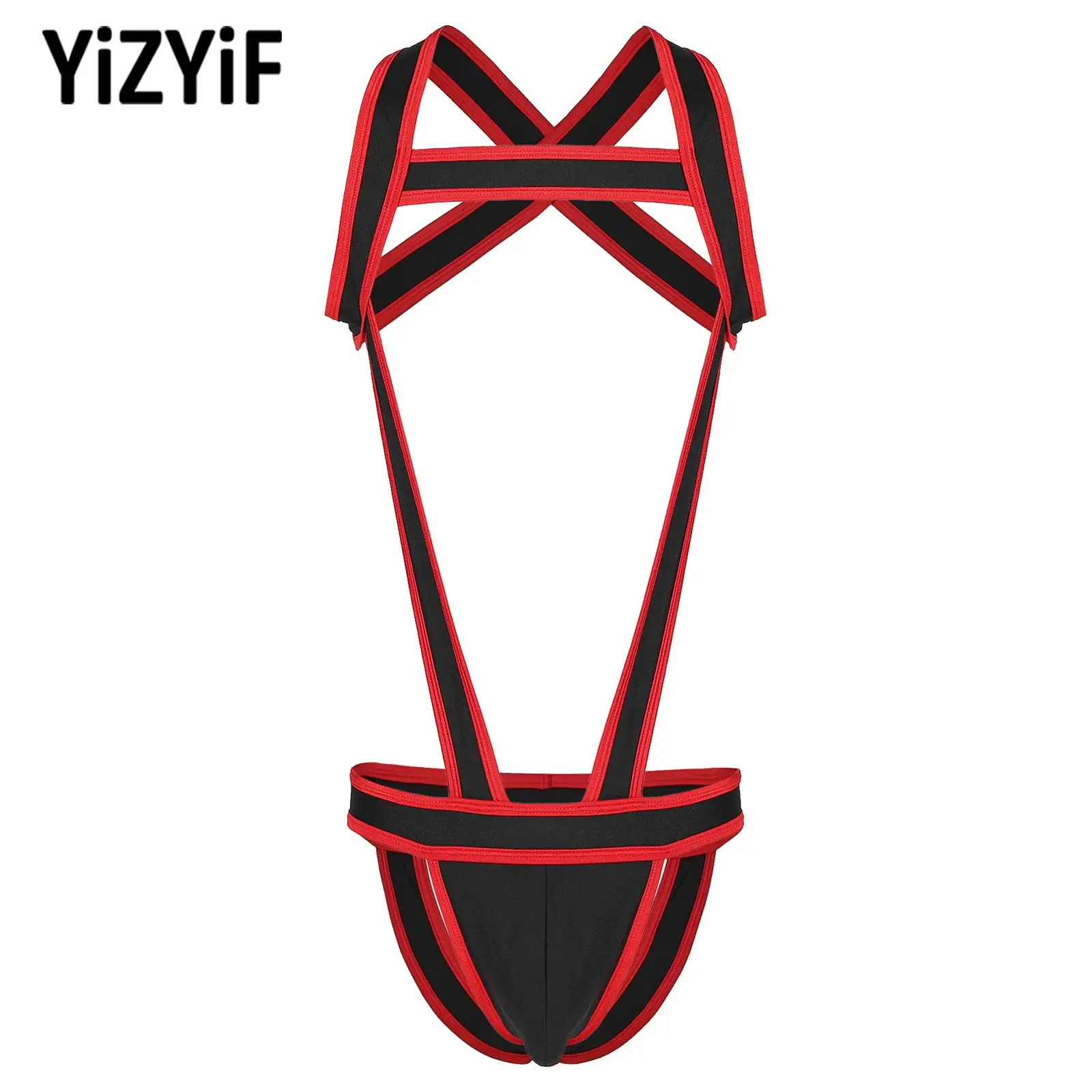

Mens Contrast Color Trim Chest Harness Jumpsuits Singlet Costume Hollow Out Bulge Pouch Jockstrap Underwear One-piece Bodysuit