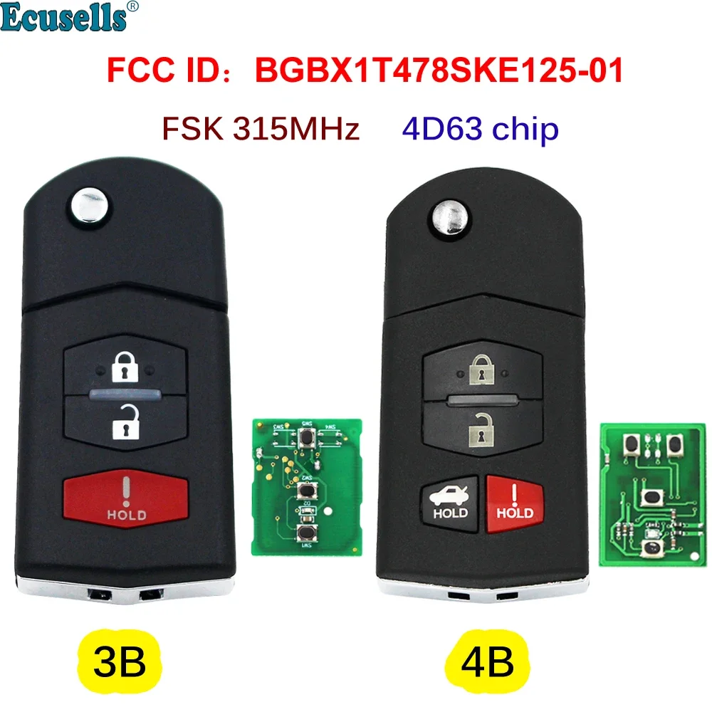 

Folding Flip 3 Buttons FSK 315MHZ with 4D63 80bits Chip Remote Key Fob for Mazda 2 5 CX-7 CX-9 FCCID BGBX1T478SKE125-01