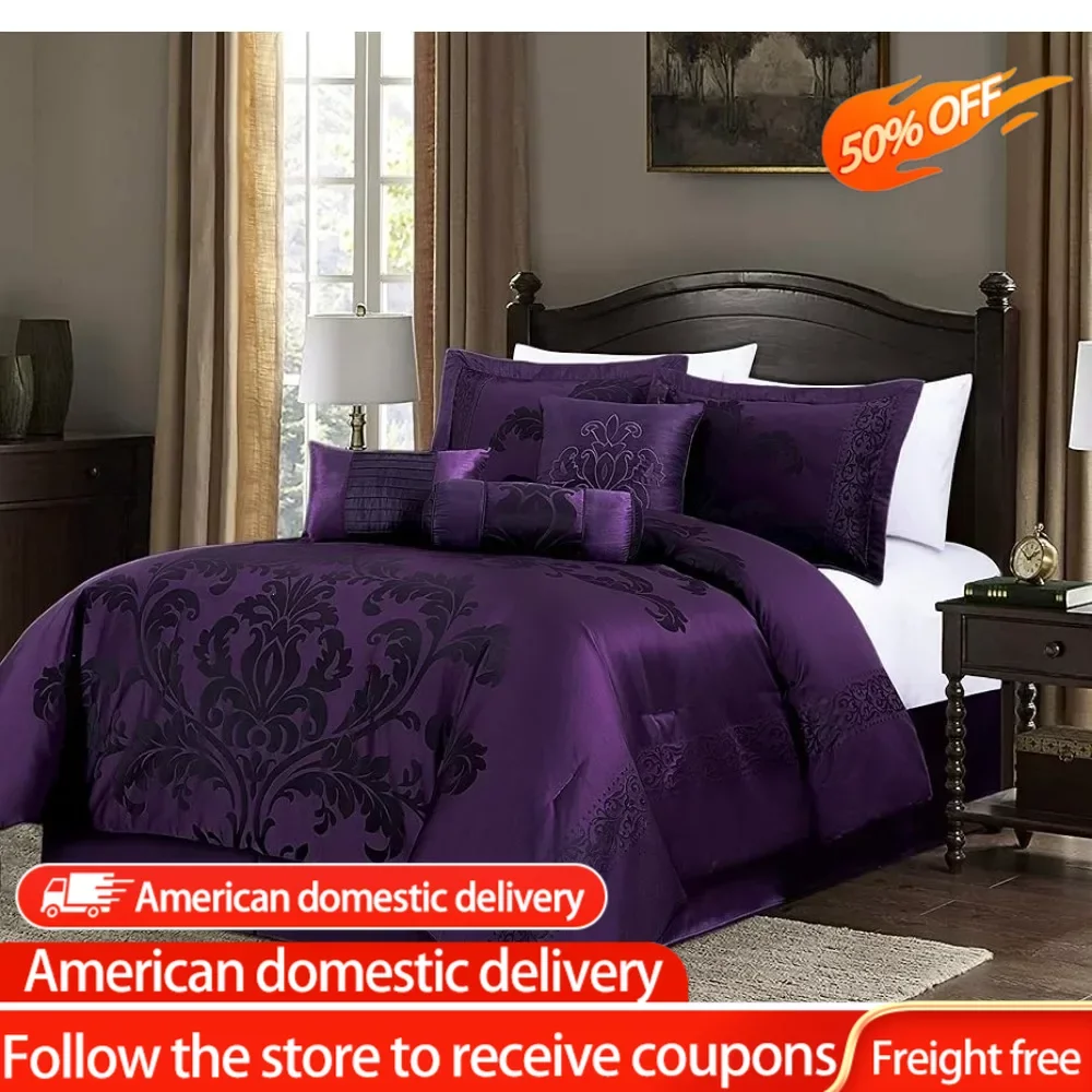 

7-Piece Jacquard Floral Comforter Set (Queen Bed Linen Set Purple/Dark Purple) Freight Free Sets Bedding Home Textile Garden