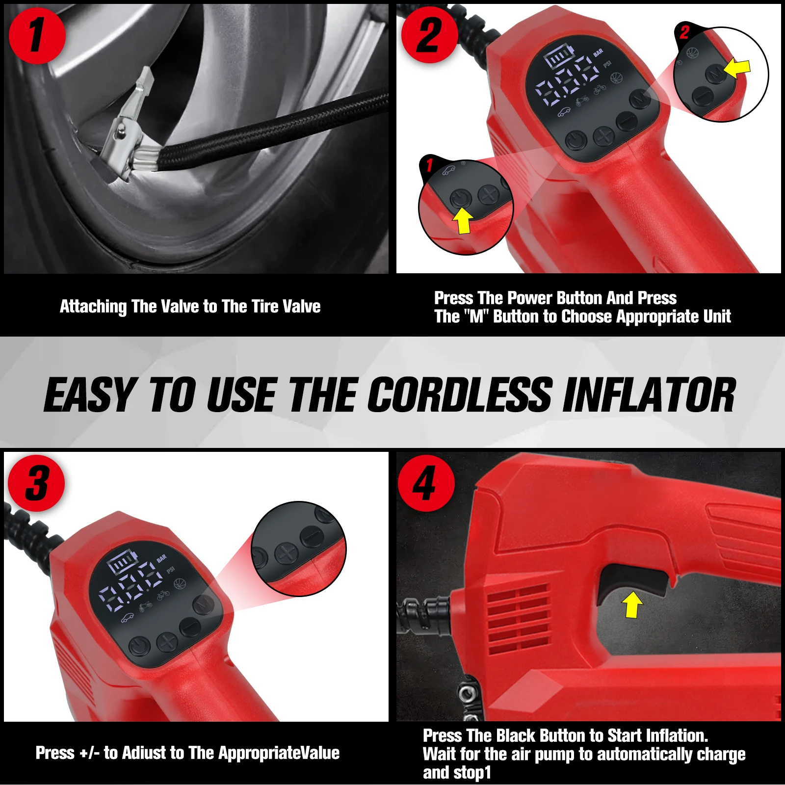 Bomba de ar Elétrica para Carro Pneu Inflator Compressor de ar com Lcd Medidor de Pressão Digital Milwaukee 18v Li-ion sem Bateria - Image 6