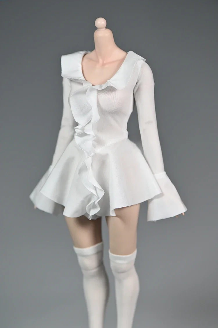 1/6 weibliche weiße schlichte Lotusblatt Spitzenkleid Soldaten Kleidung Modell für 12 Zoll Actionfiguren Zubehör Körper DIY – Detail 3