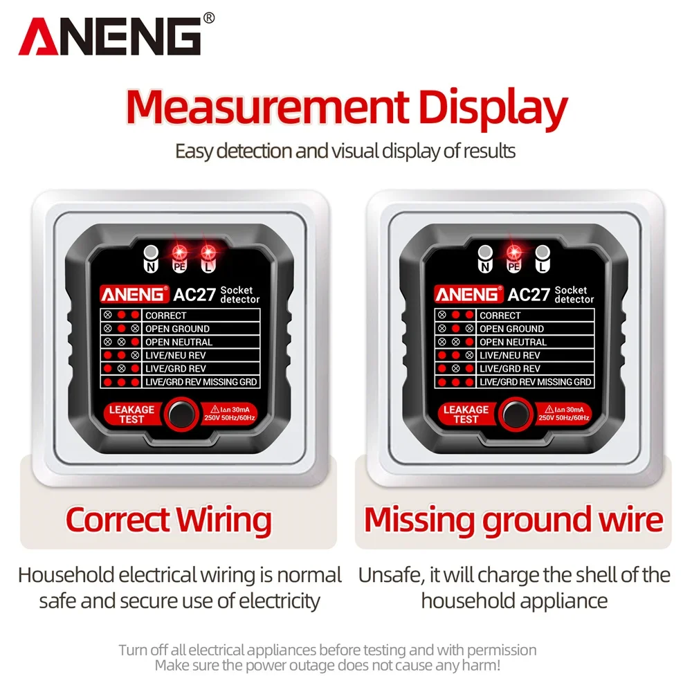 ANENG AC27 Socket Tester Voltage Test Socket Detector Ground Zero Line Polarity Phase Check Tool Circuit Checker  EU/US Plug 5