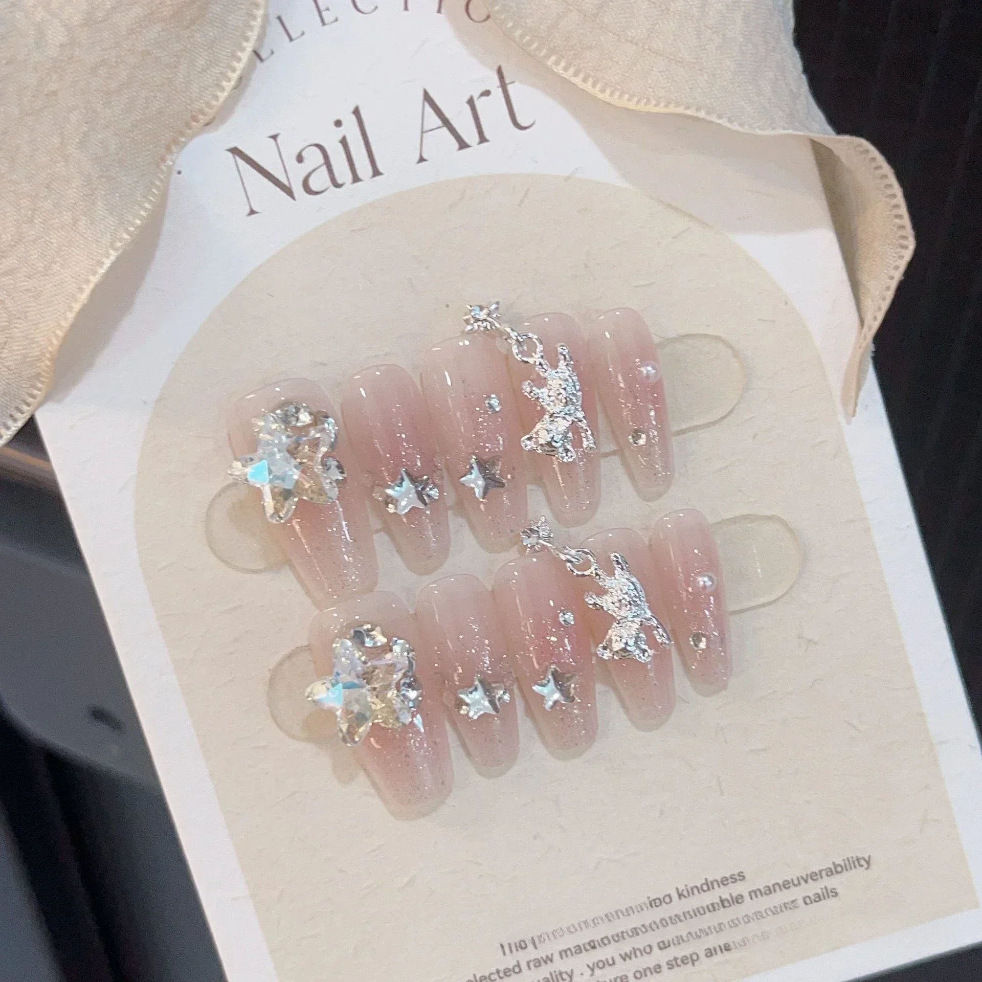 10pcs removeable ballet press on acrylic nails full cover gradient pink false nails with 3D charms handmade stick on nails long