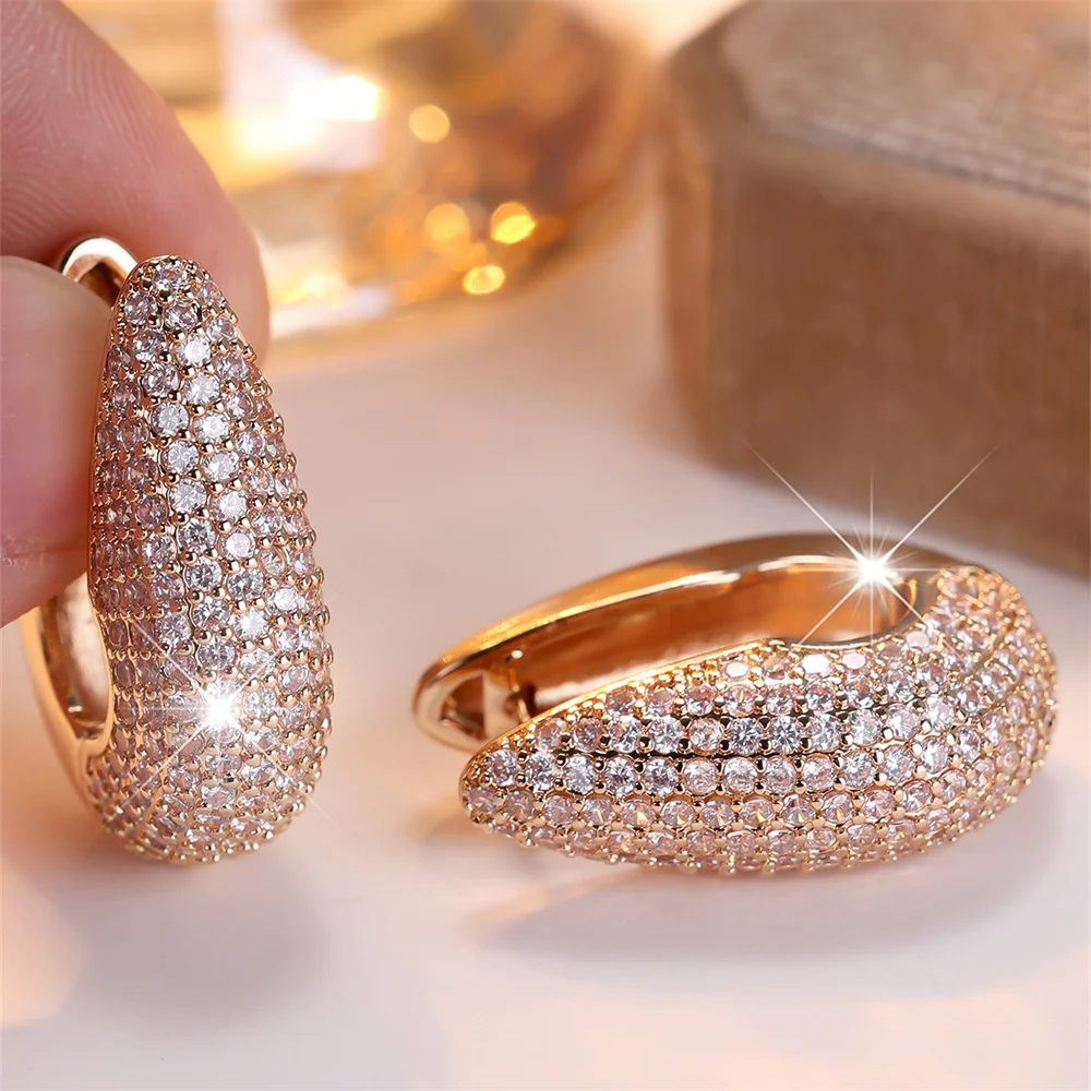 White Zircon Full Stone U Shaped Hoop Earrings For Women Vintage Gold Silver Color Ear Buckle Wedding Jewelry Versatile Gifts