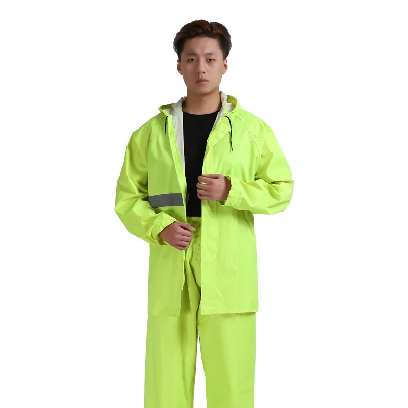 두꺼운 형광 녹색 단층 성인용 우비와 바지 분리형 야외 반사 방수 내구성 강한 우비