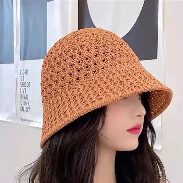 Hot Sale Bucket Spring Summer Hollow Knitted Hat Solid Color Sunhat Fisherman Caps Casual Foldable Beach Cap_voghion.com