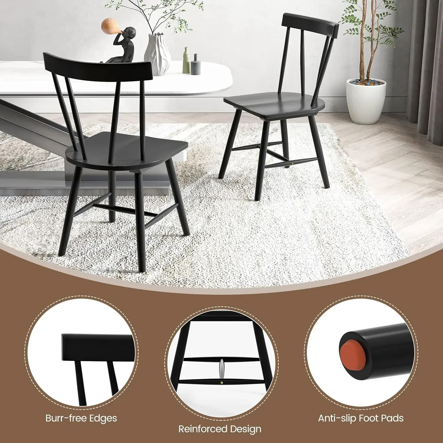 Set of 4 Windsor Chairs, Rubber Wood Dining Chairs with Spindle Back, Wide Seats, Anti-Slip Foot Pads, Max Load 330 Lbs, Armless 5