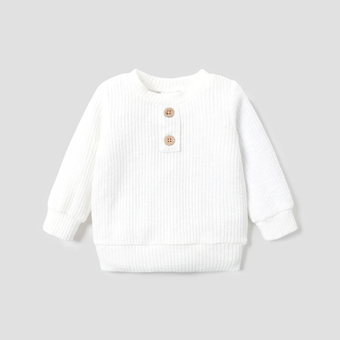 Baby Boy/Girl Button Design Solid Ribbed Knitted Long-sleeve Pullover Top For Outings Daily Wear Basic Style