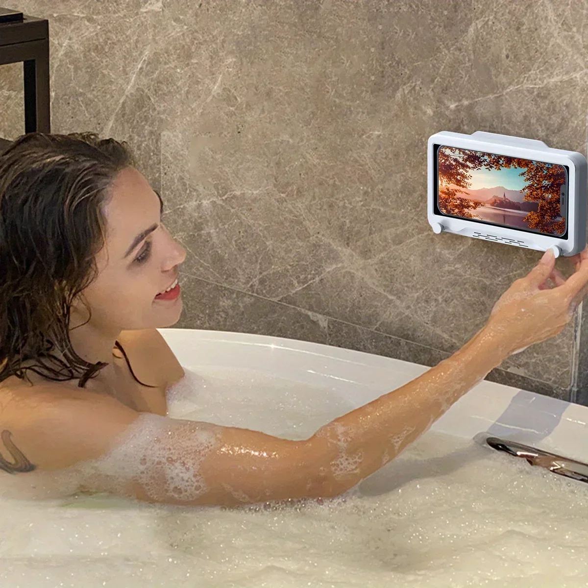 New 1pc Waterproof Bathroom Mobile Phone Box, Anti-Fog Touch Screen, Shower Accessories, Wall Mount Phone Holder, For Shower