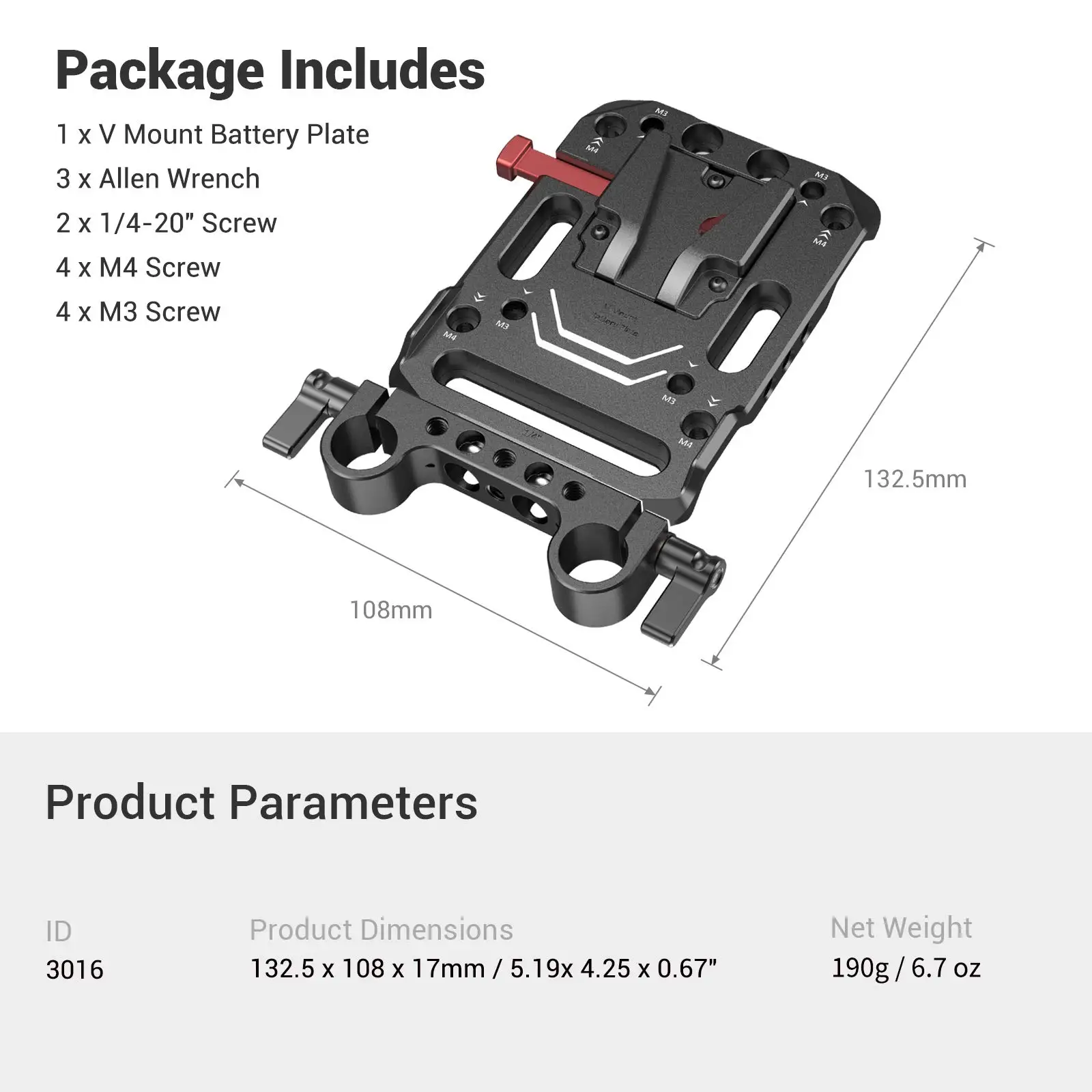 V Mount Battery Plate V-Lock Mount Battery Plate with Dual 15mm Rod Clamp for Ca