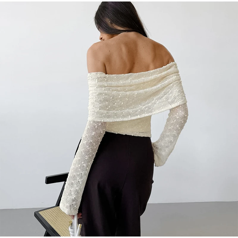Camisa elegante con hombros descubiertos para mujer, de punto, lisa, de manga larga, sin espalda, ajustada, blusa de oficina para primavera y verano 2025.