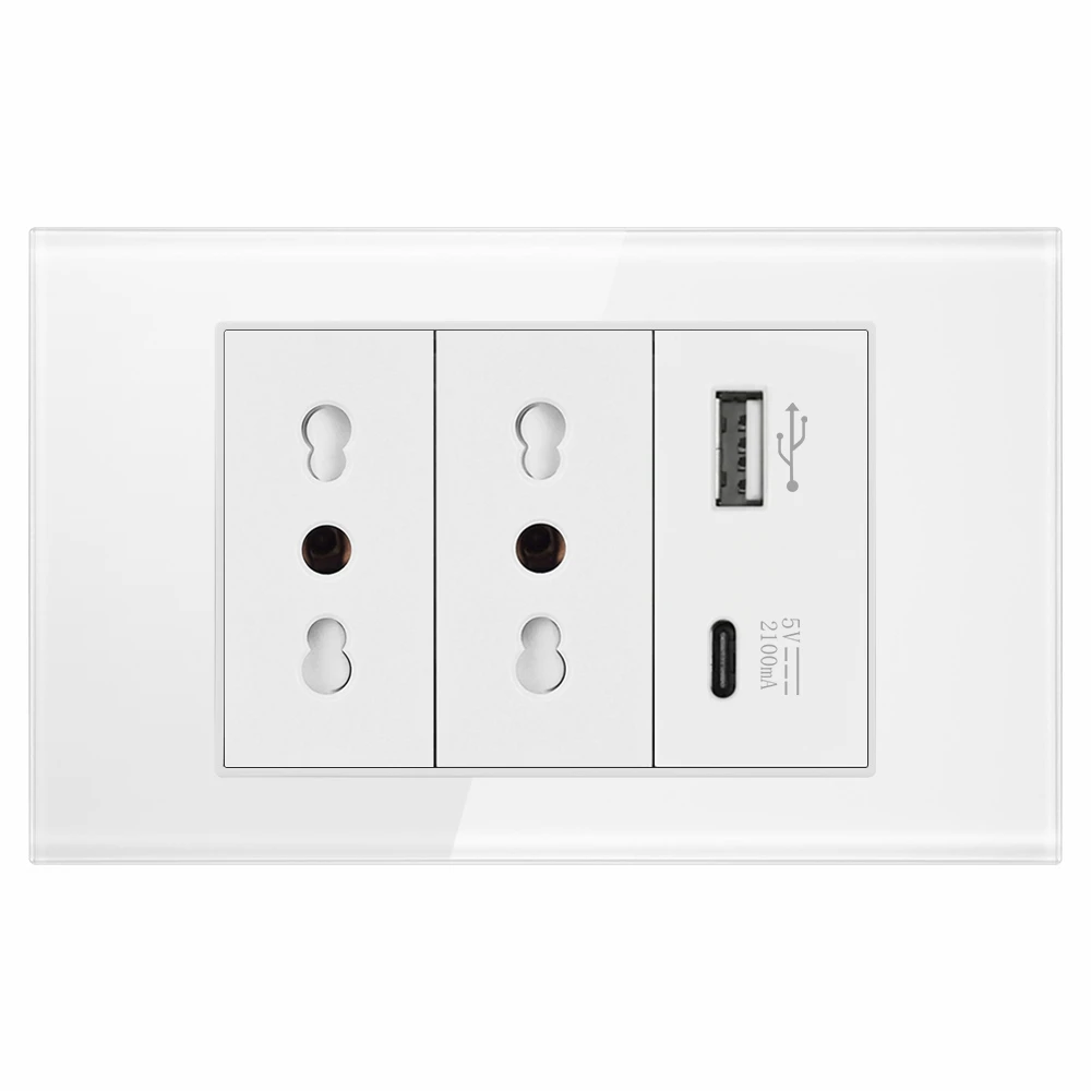 VISWE Italy Usb socket Chile electric sockets 16A, Type-c USB plug 5V 2.1A 118*72mm Tempered Glass Panel Home Application