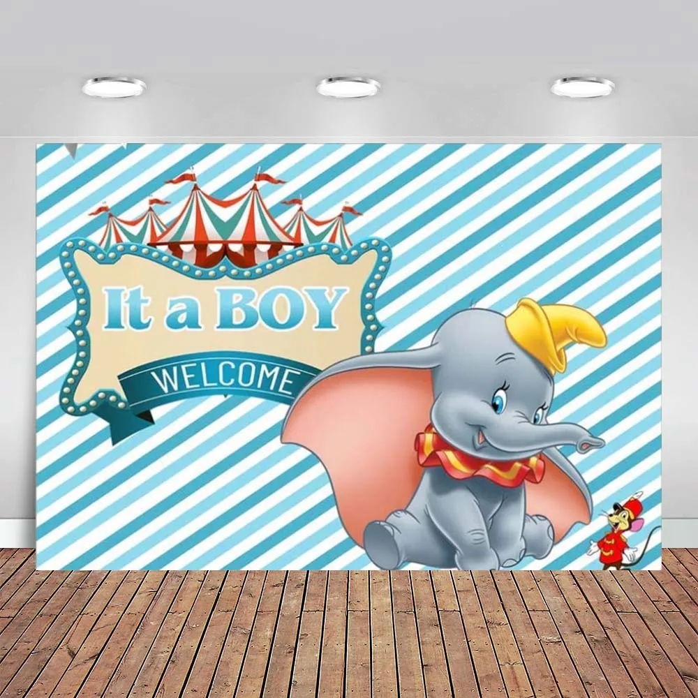Dumbo Backdrop for Baby Shower Blue Background It A Boy Elephant