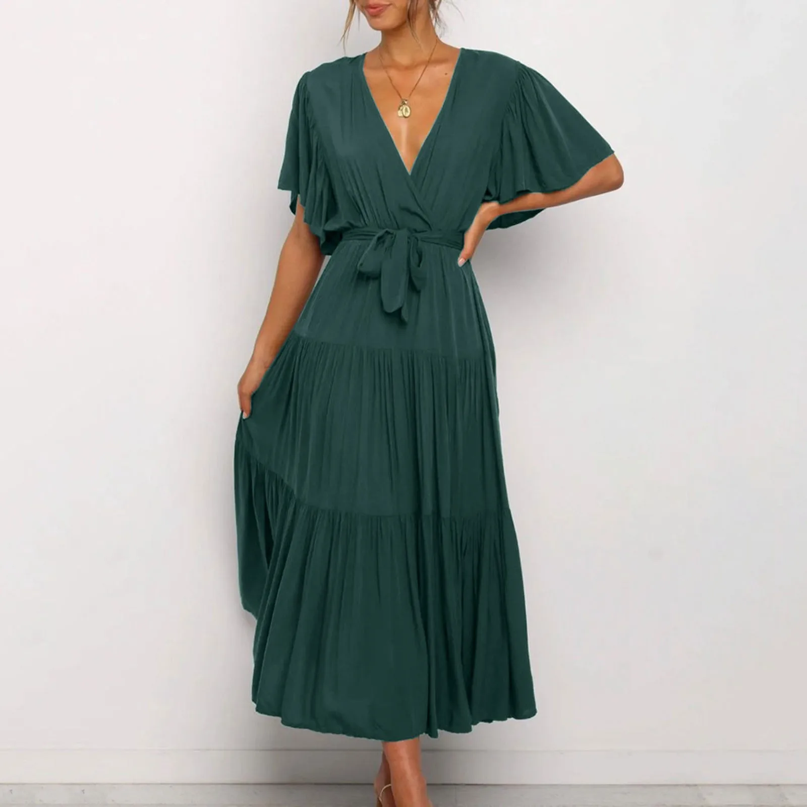 

Women's Bohemia Dress Summer New Casual Solid Color Short Sleeve Maxi Dress Fashion Lace-up High Waist Ruffled Dresses 2024