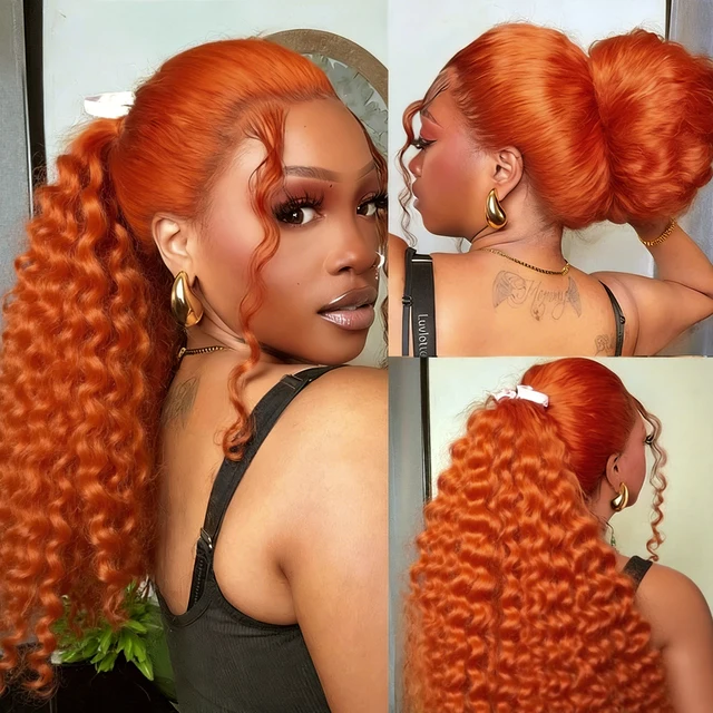 Perruques Lace Frontal HD Ginger Orange Deep Wave 13x4 13x6, Perruque Full Lace 360 Water Wave # Perruque en cheveux humains bouclés colorés 350% densité 220% 1
